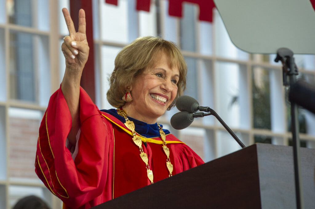 USC President Carol L. Folt addresses the graduates during the 139th USC Commencement at UPC, May 13, 2022. (Photo/Gus Ruelas)
